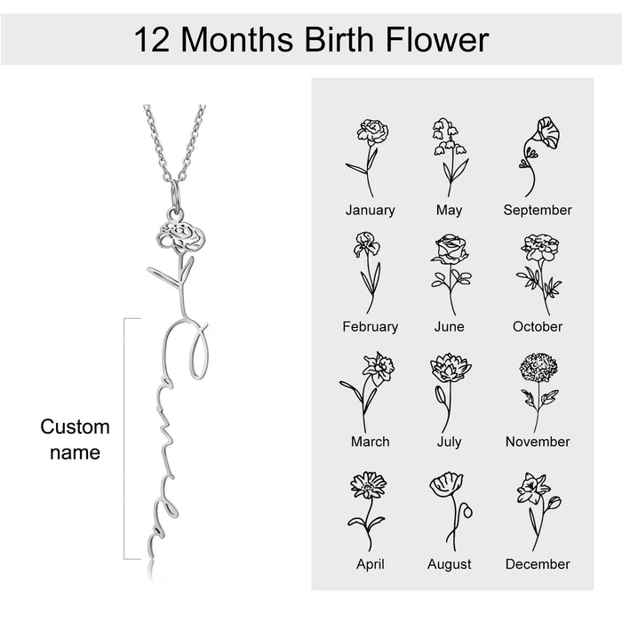 925 Sterling Silver Personalized Birth Flower Nameplate Pendants for Women Vertical Custom Cursive Name Necklace Copper Jewelry
