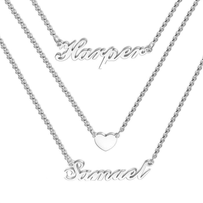 Sterling Silver 3 Layered Custom Name Necklace Personalized Nameplate with Heart Wedding Engagement Fine Jewelry