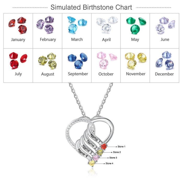 Family Heart Pendant Necklace with 4 Birthstones Customized Engraving Name Mother Necklace New Year Gift