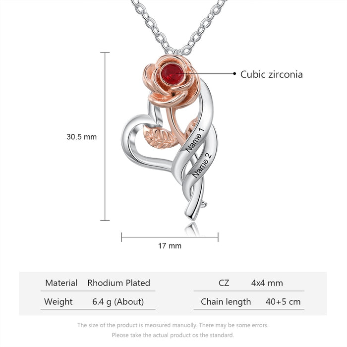 Personalized Name Engraving Rose Flower Pendant Necklace Customized 12 Colors Birthstone Necklace Valentines Day Gift