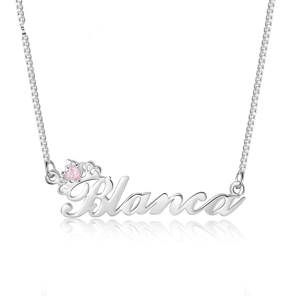 Crown Nameplate Necklace with Personalized Birthstone