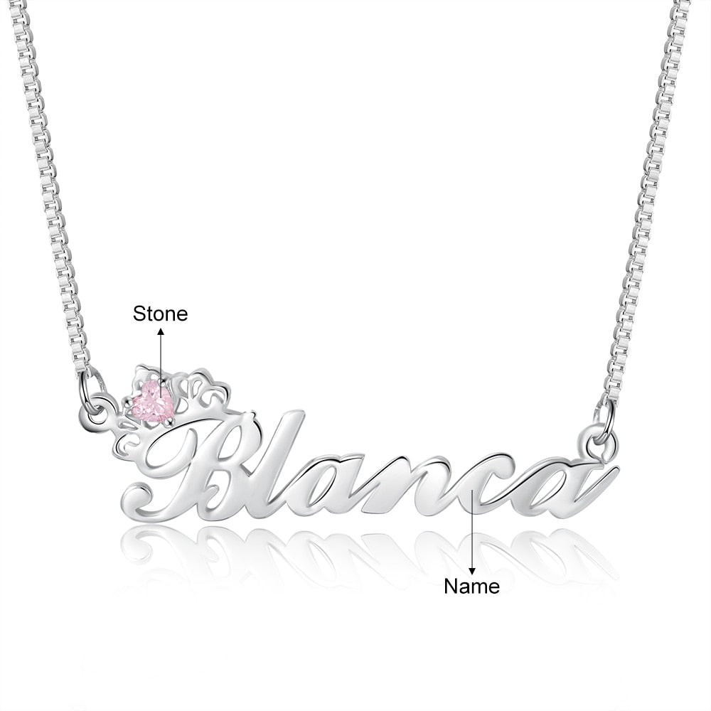 Crown Nameplate Necklace with Personalized Birthstone