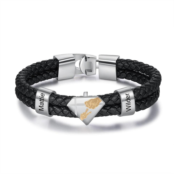 Designer Personalized Engraved Dad Kids Name Bracelet Black Braided Leather Bracelets for Men Fathers Day Gifts