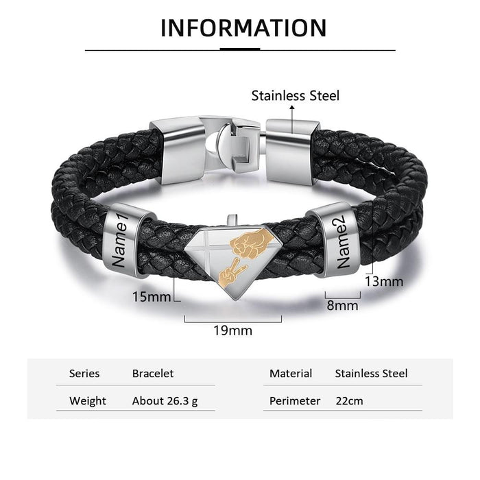 Designer Personalized Engraved Dad Kids Name Bracelet Black Braided Leather Bracelets for Men Fathers Day Gifts