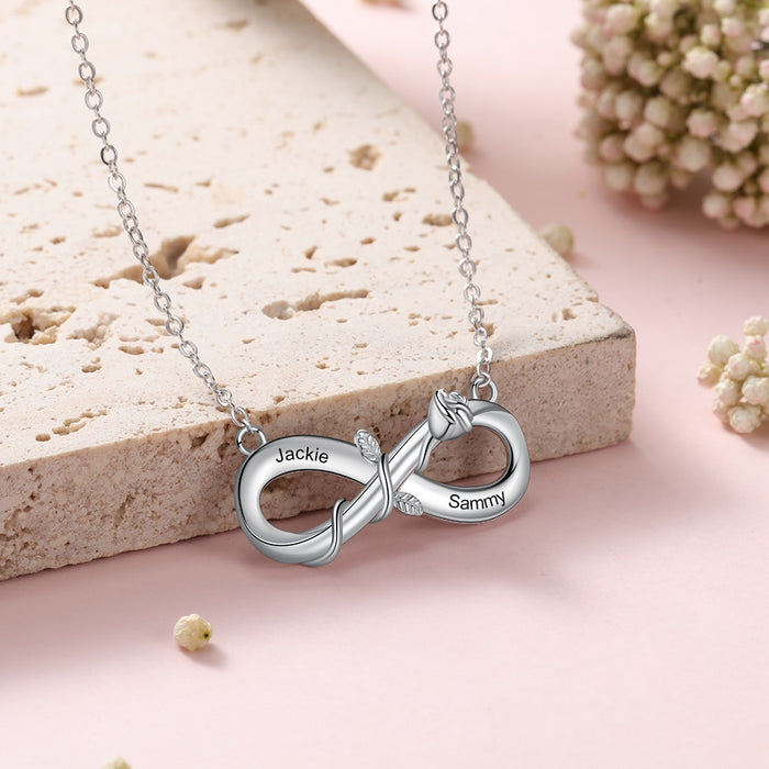 Personalized Engrave 2 Names Rose Flower Pendant Customzied Infinity Love Chain Necklace Valentines Gift for Girlfriend