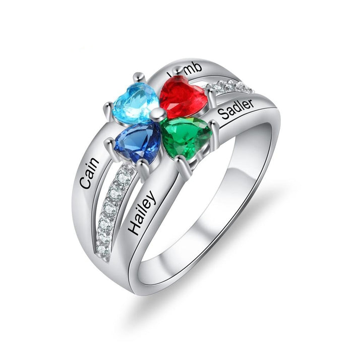 Personalized 925 Sterling Silver Mothers Ring with 4 Heart Birthstones Custom Family Name Engraved Ring Gifts for Mom