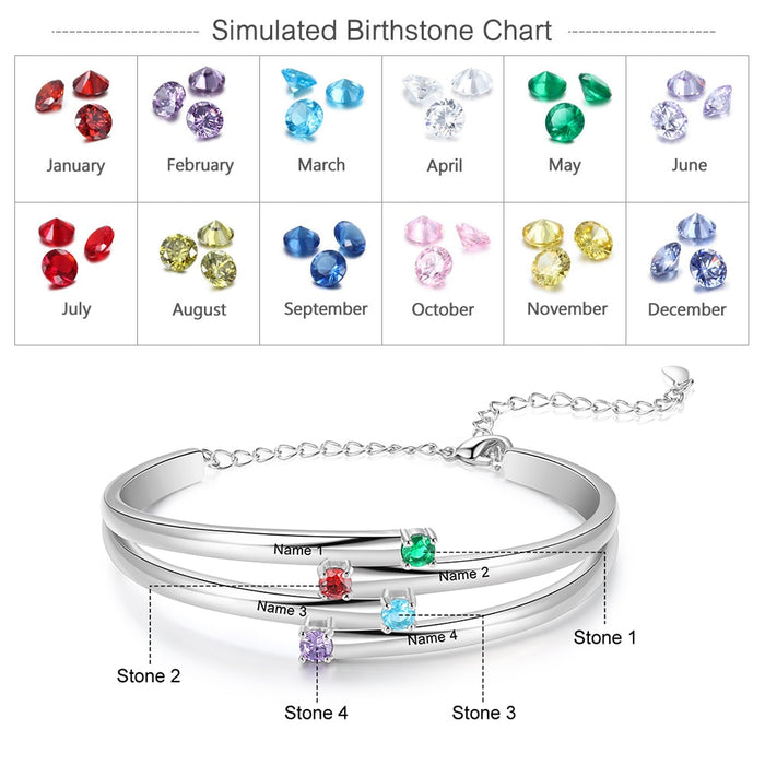 4 Birthstones Family Bracelets for Women Custom Name Engraved Bracelet Mothers Day Gifts