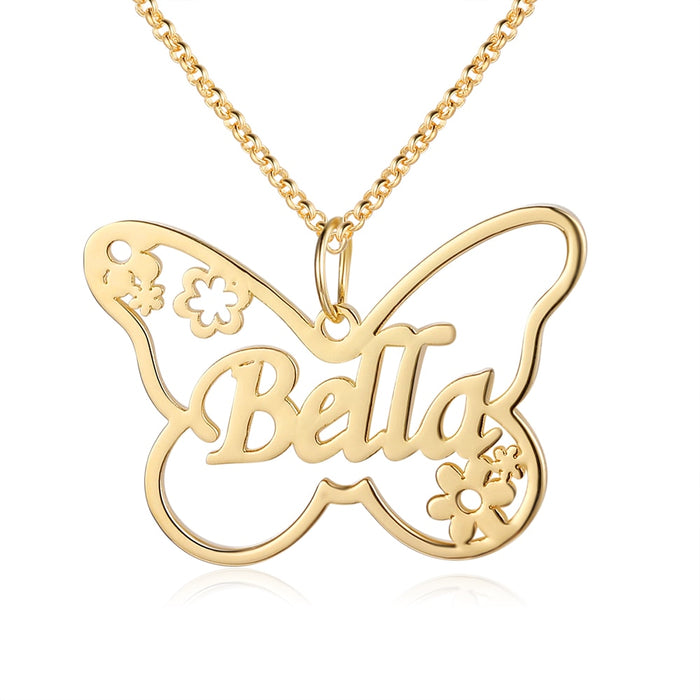 Sterling Personalized Name Butterfly Necklace with Flowers Custom Nameplate Pendants for Women Gift Jewelry