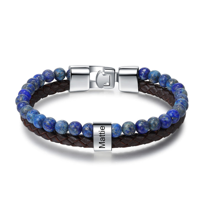 Blue Beaded Chain Bracelet Personalized Name Engraved Men Bracelets Gift for Father