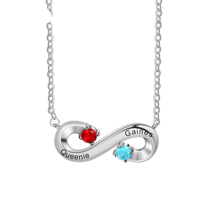 Sterling Silver Personalized Infinity Necklace with 2 Birthstones Custom Engraved Name Mother Necklace Gift for Her