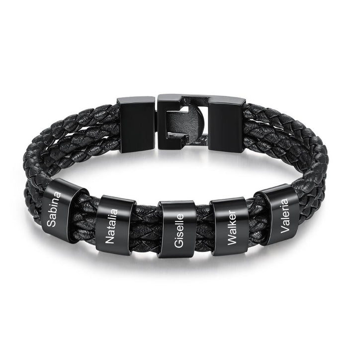 Personalized Stainless Steel Engraved 5 Names Bracelet Custom Black Braided 3-Layered Leather Bracelets for Men Father