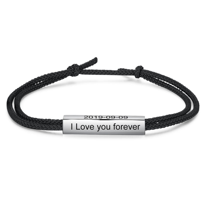 Customized Black Adjustable Rope Chain Bracelet Personalized Name Engraved Bar Bracelet for Men Fashion Gift for Him