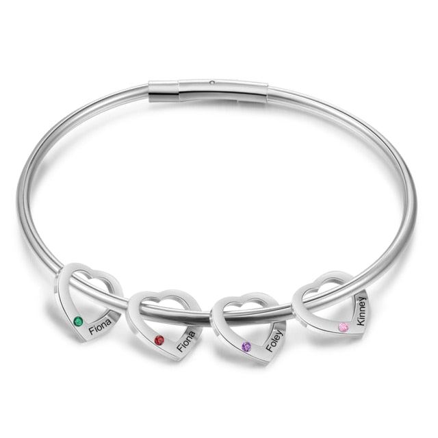 Personalized Engraved Name Heart Charm Bracelet with Inlaid 4 Birthstone Stainless Steel Custom Bangles Gift for Family
