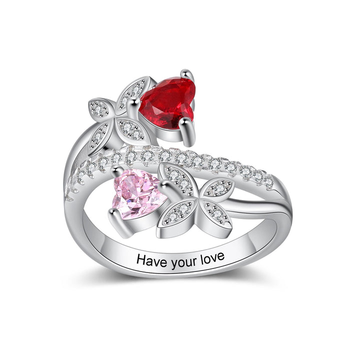 Personalized Butterfly Engraved Ring with 2 Heart Birthstones Cubic Zirconia Paved Wedding Engagement Rings for Women