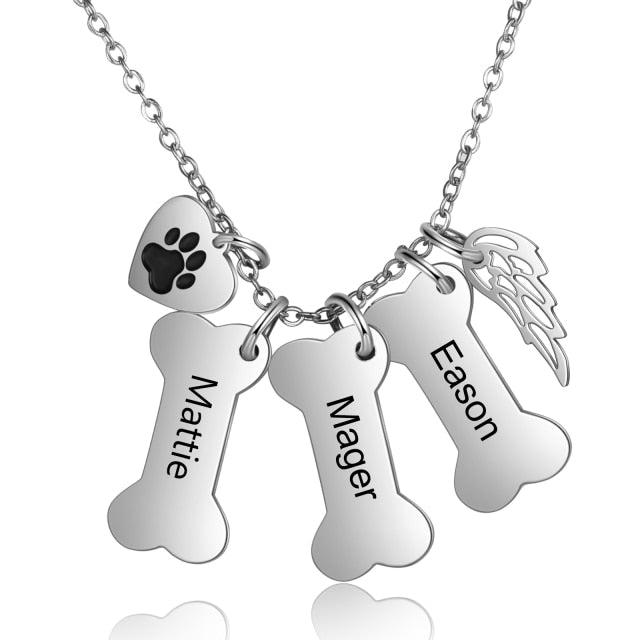 Personalized 4 Names Dog Bone Necklace with Pet Paw Customized Engraving Name Pendant Memorial Jewelry Gifts