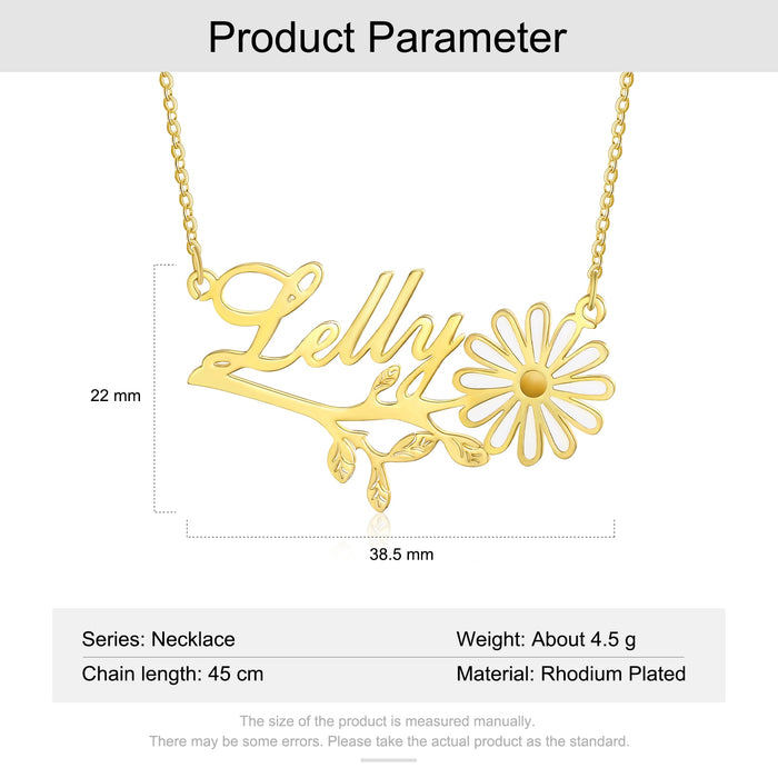 925 Sterling Silver Personalized Nameplate Pendant with Daisy Flower Branch Leaves Custom Letter Name Necklaces for Women Gifts
