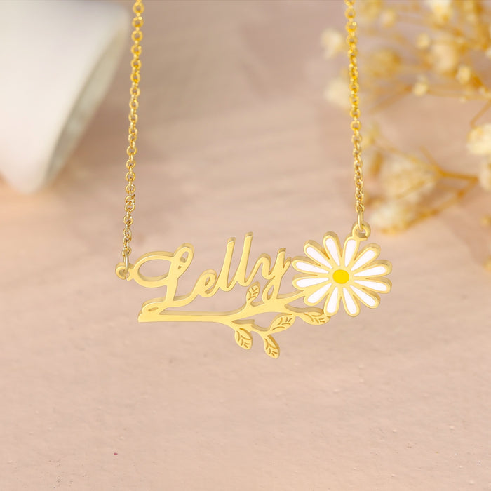 925 Sterling Silver Personalized Nameplate Pendant with Daisy Flower Branch Leaves Custom Letter Name Necklaces for Women Gifts