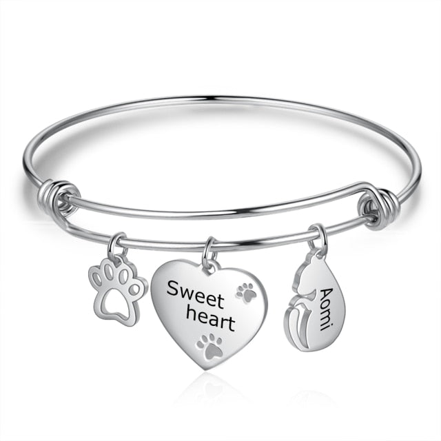 Custom Engraved Name and Text Bangles & Bracelets with Paw Bone Personalized Cute Cat Dog Charms Cuff Bangles for Women