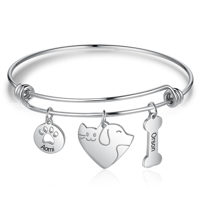 Custom Engraved 2 Names Bangles & Bracelets with Paw Bone Personalized Cute Cat Dog Charms Cuff Bangles for Women