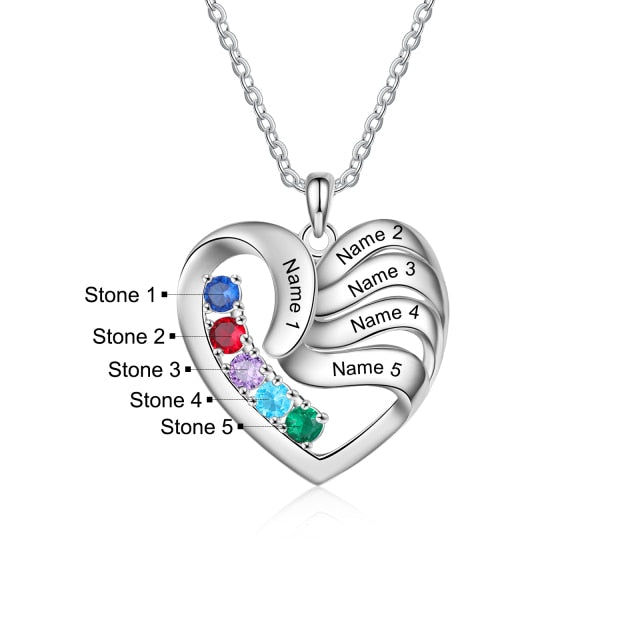 Personalized Heart Necklace with 5 Names Customized Birthstone Fashion Jewelry Memorial Gift for Mother Children