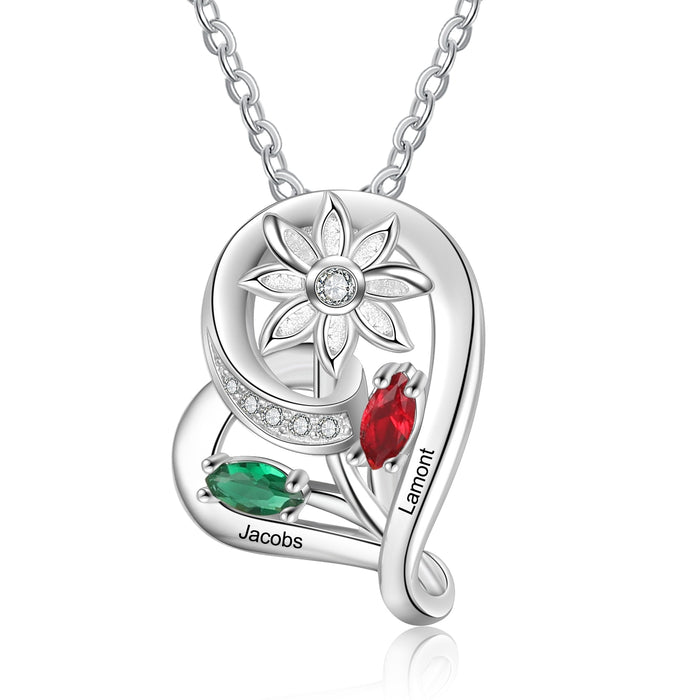 New Personalized Sunflower Pendant with Name Engraving Custom 2 Birthstone Heart Necklaces for Women Gifts