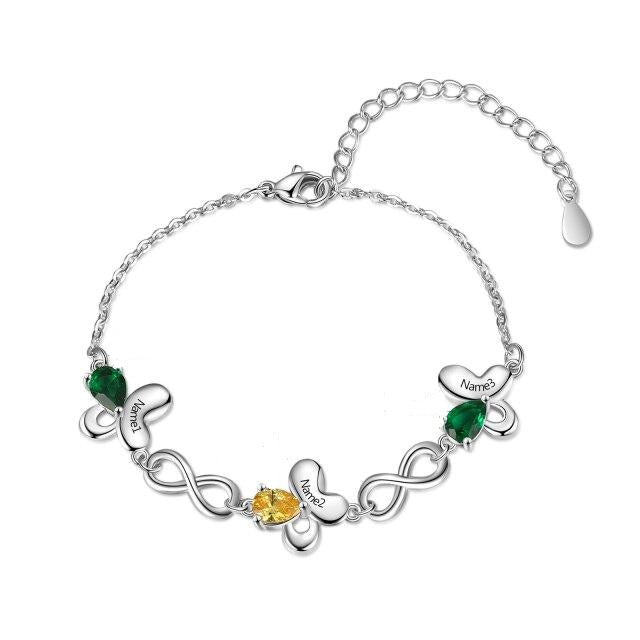Butterfly Bracelet with Inlaid Birthstone Infinity Love Customized 3 Names Engraved Bracelets for Women
