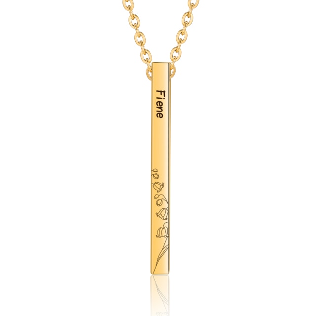 Personalized 4 Side Name Engraved Birth Month Flower Pendant Custom Steel Black Gold Color Stainless Steel Vertical Bar Necklace