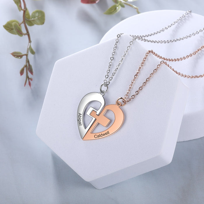 Rose Gold Silver Color Heart Couple Pendant Personalized Name Engraving Cross BFF Necklace Anniversary Gift for Women