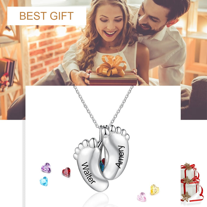 Baby Feet Engraving Name Pendant Customized Birthstone Cage Necklaces for Women Mothers Day Gifts for Her