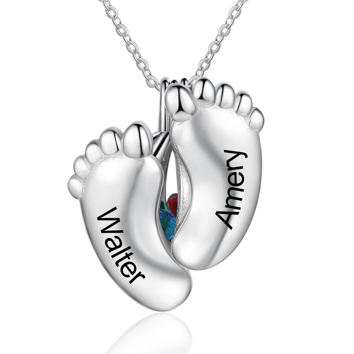 Baby Feet Engraving Name Pendant Customized Birthstone Cage Necklaces for Women Mothers Day Gifts for Her