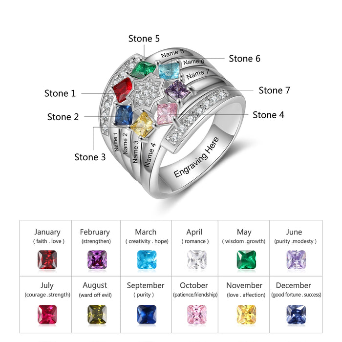Personalized Mothers Ring with 7 Square Birthstones Zirconia Star Customized Engraving Family Name Rings for Women Gift