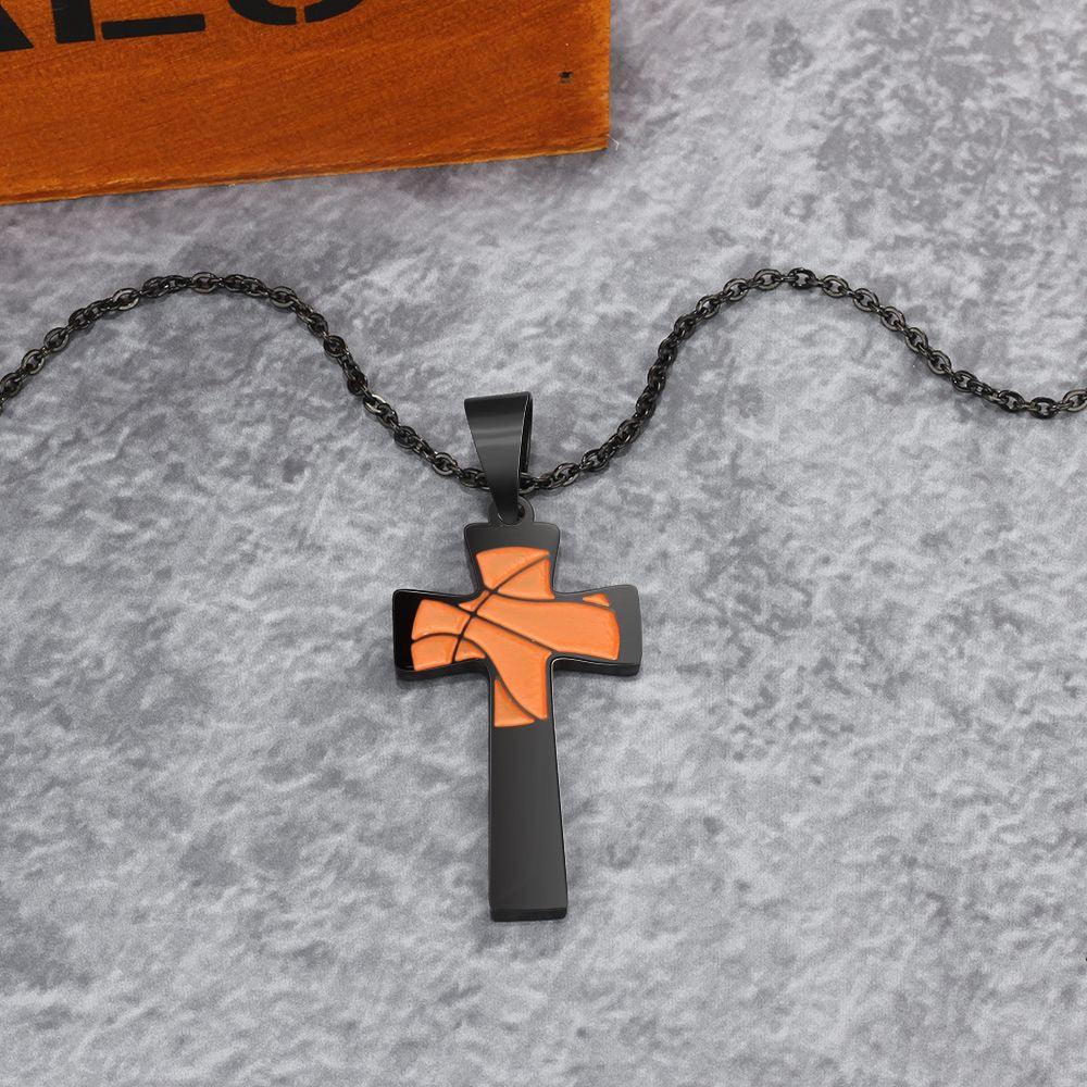 Basketball Pattern Cross Shape Personalized Pendant Necklace - Ashley Jewels