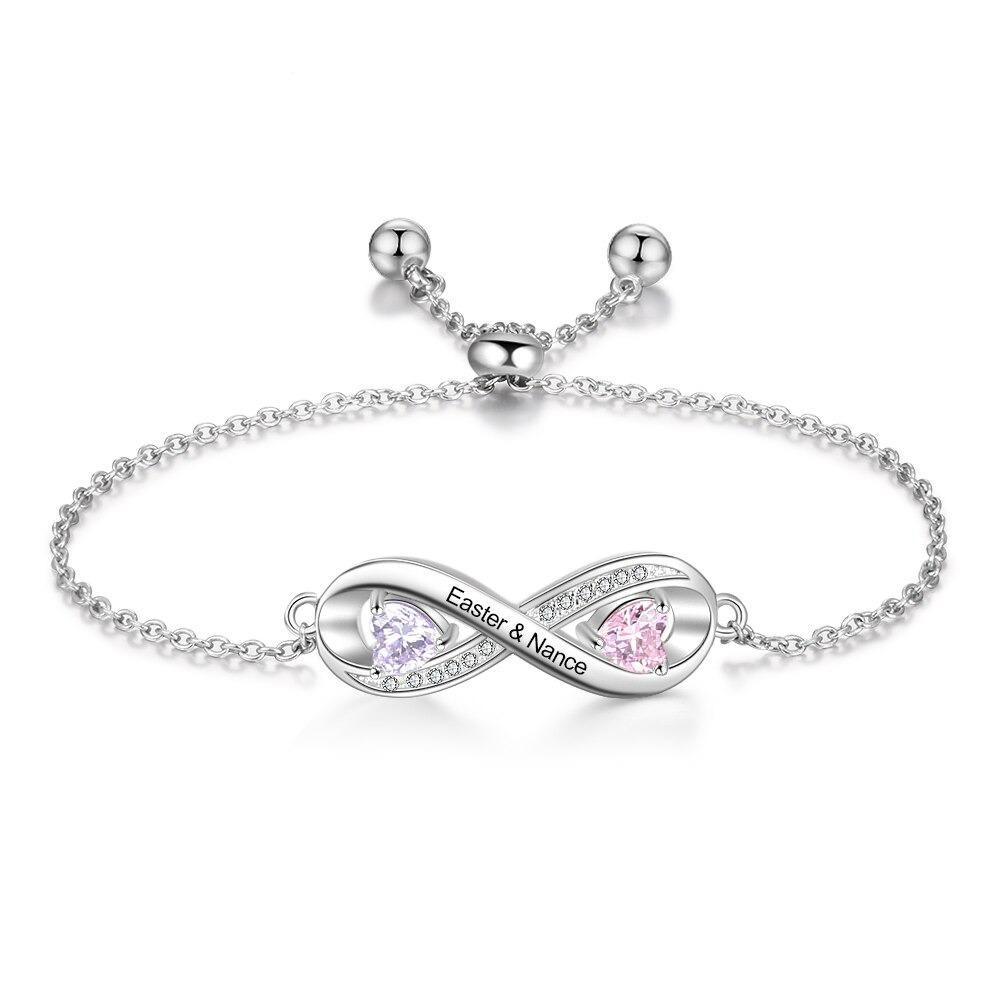 Adjustable Infinity Diamond Sterling Silver Bracelet - 2 Custom Names & Birthstones
