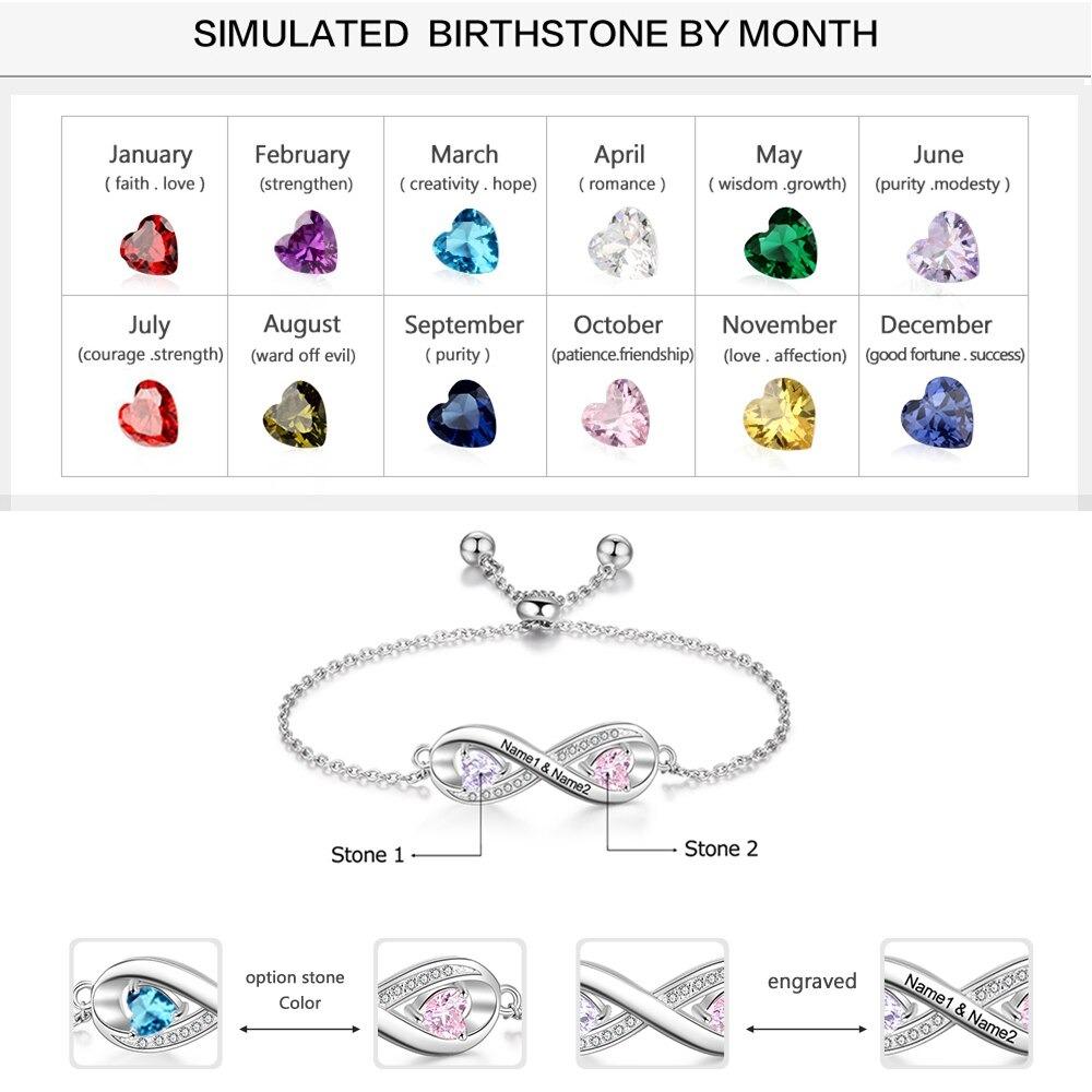 Adjustable Infinity Diamond Sterling Silver Bracelet - 2 Custom Names & Birthstones