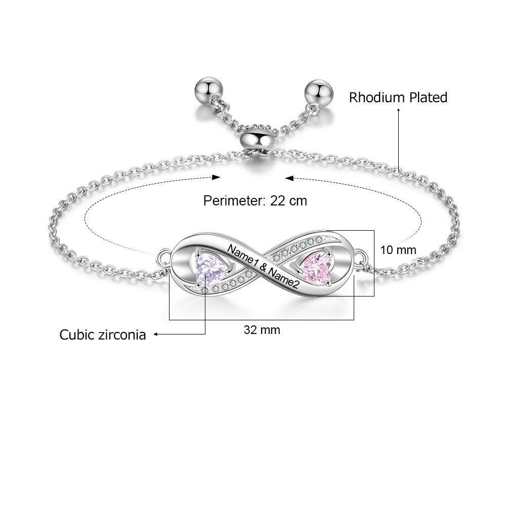 Adjustable Infinity Diamond Sterling Silver Bracelet - 2 Custom Names & Birthstones