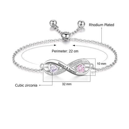 Adjustable Infinity Diamond Sterling Silver Bracelet - 2 Custom Names & Birthstones