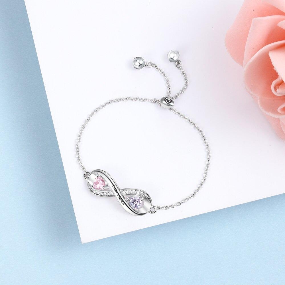 Adjustable Infinity Diamond Sterling Silver Bracelet - 2 Custom Names & Birthstones
