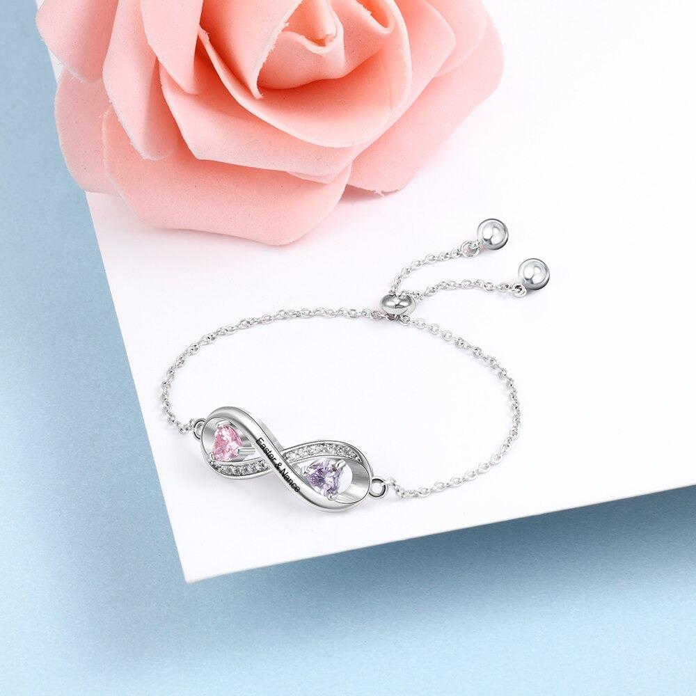 Adjustable Infinity Diamond Sterling Silver Bracelet - 2 Custom Names & Birthstones