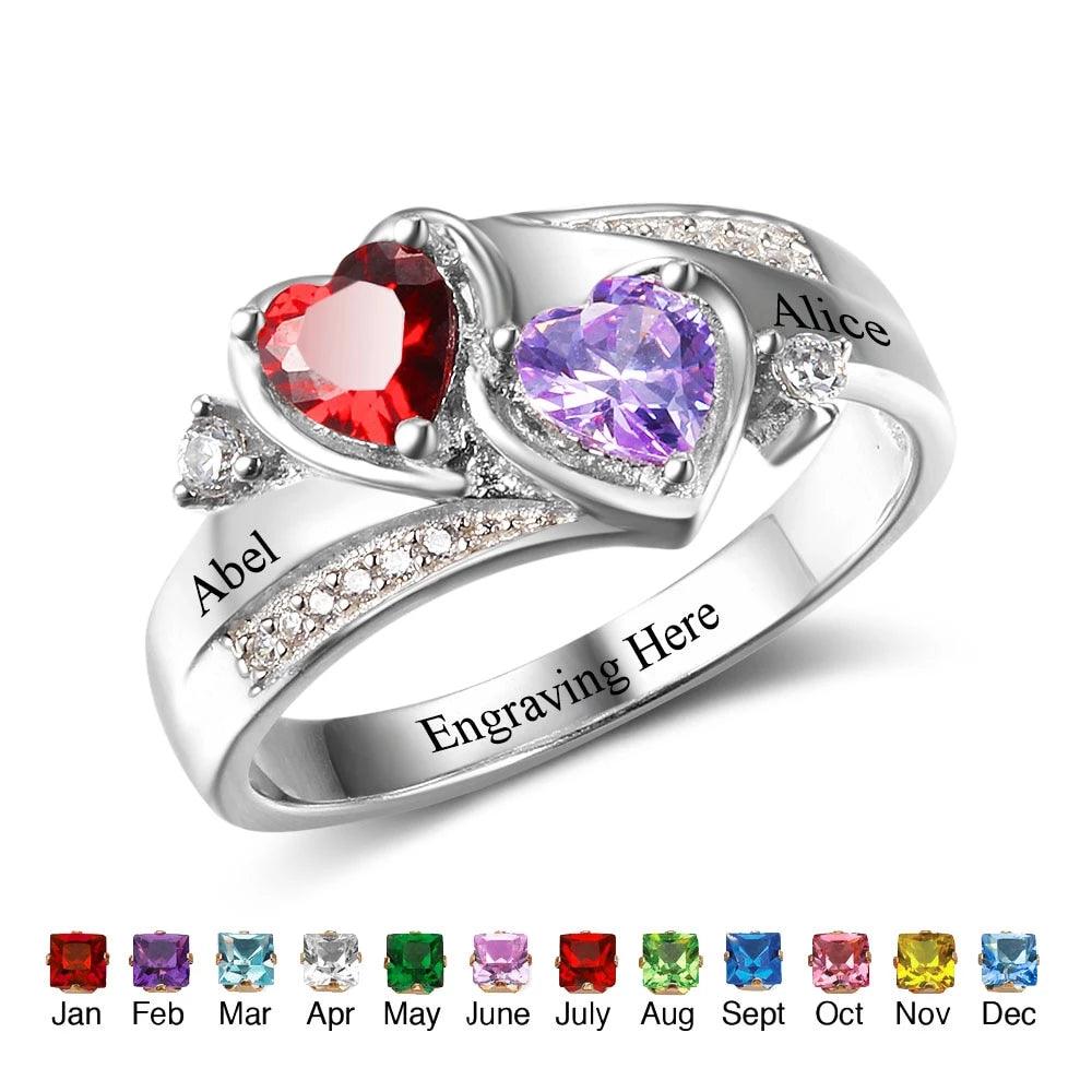 Personalized 925 Sterling Silver Ring - Custom Heart Birthstone - Engrave Custom Names - Customized Gift - Ashley Jewels
