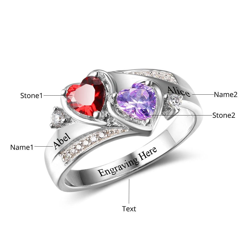 Personalized 925 Sterling Silver Ring - Custom Heart Birthstone - Engrave Custom Names - Customized Gift - Ashley Jewels