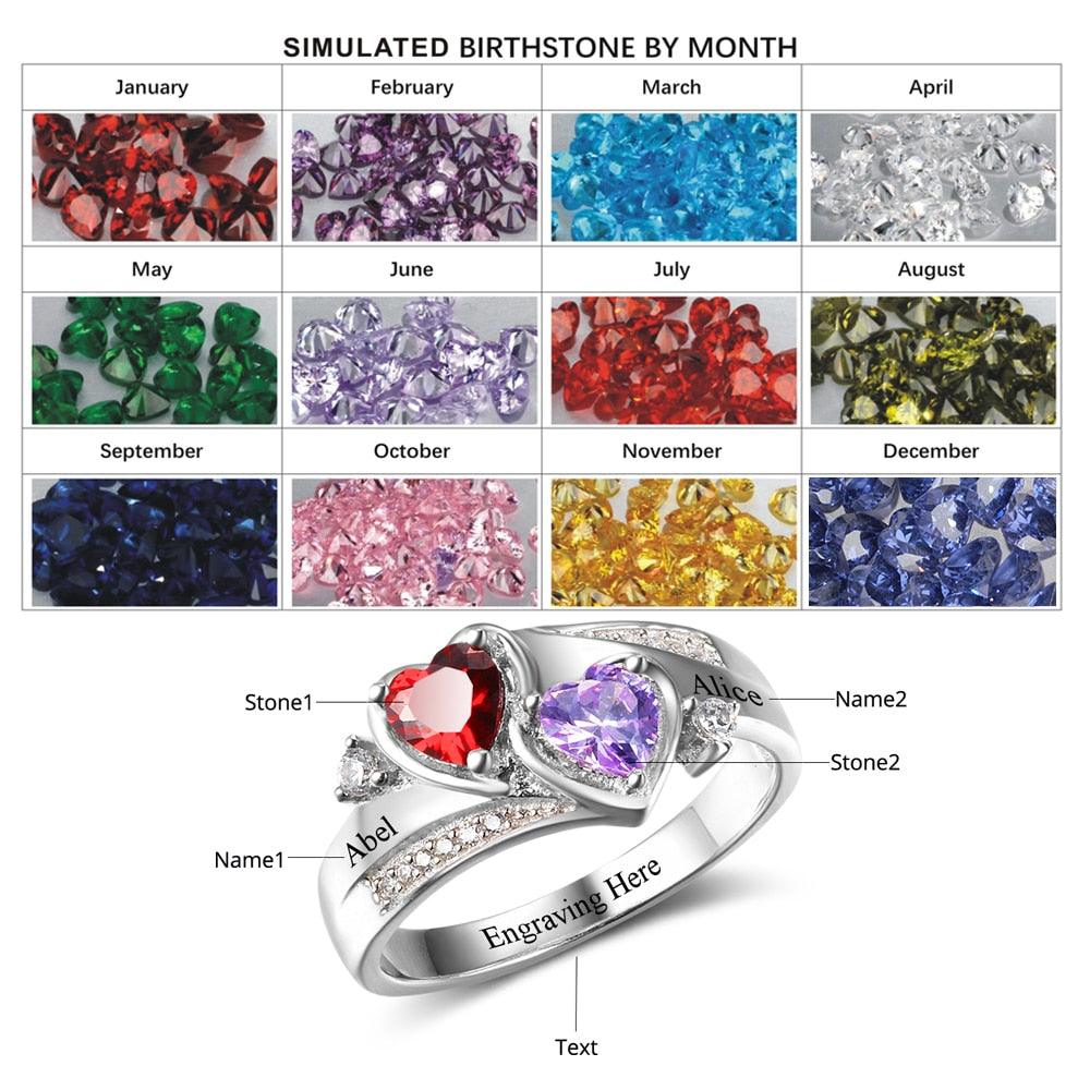 Personalized 925 Sterling Silver Ring - Custom Heart Birthstone - Engrave Custom Names - Customized Gift - Ashley Jewels