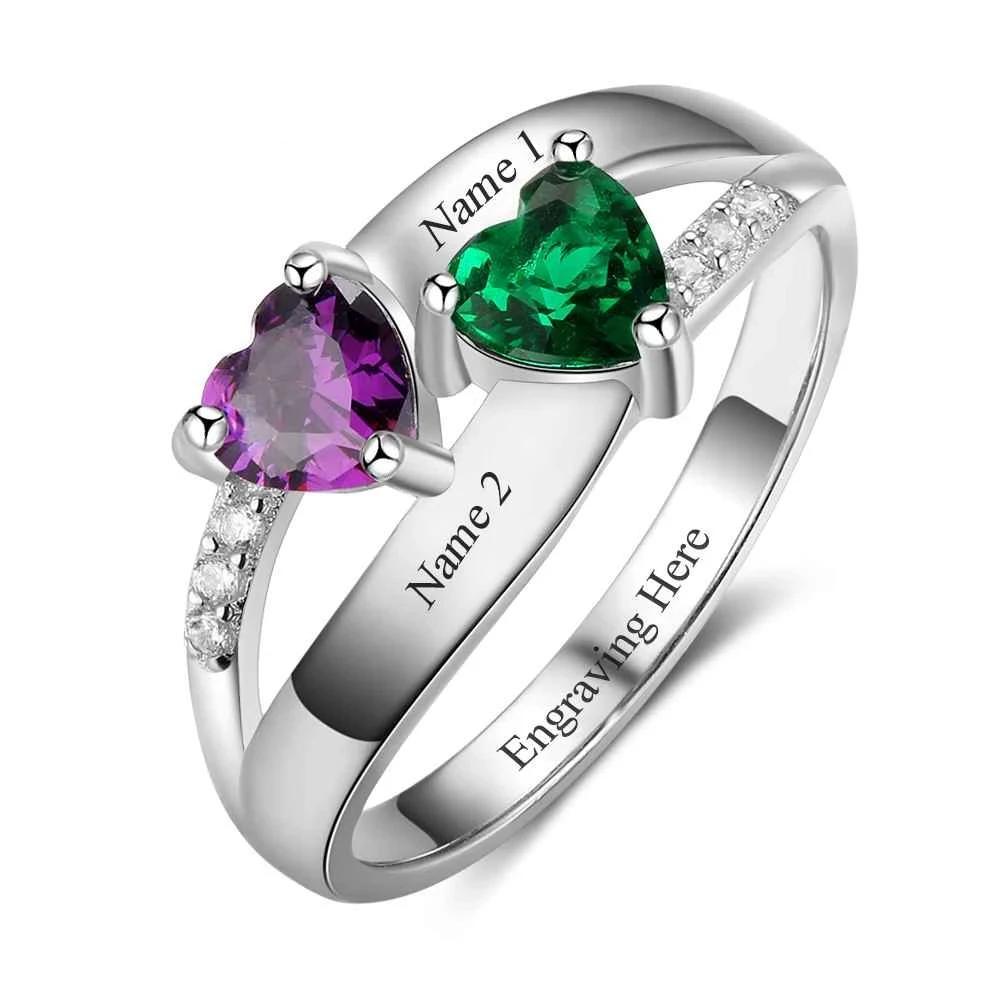 Personalized 925 Sterling Silver Ring - Double Heart Birthstone - Custom Engraved Names - Customized Gift - Ashley Jewels