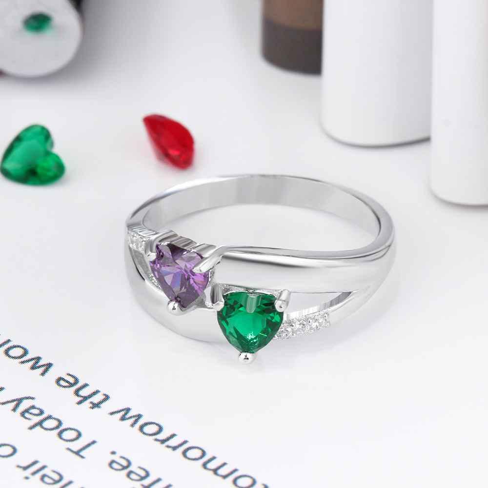 Personalized 925 Sterling Silver Ring - Double Heart Birthstone - Custom Engraved Names - Customized Gift - Ashley Jewels