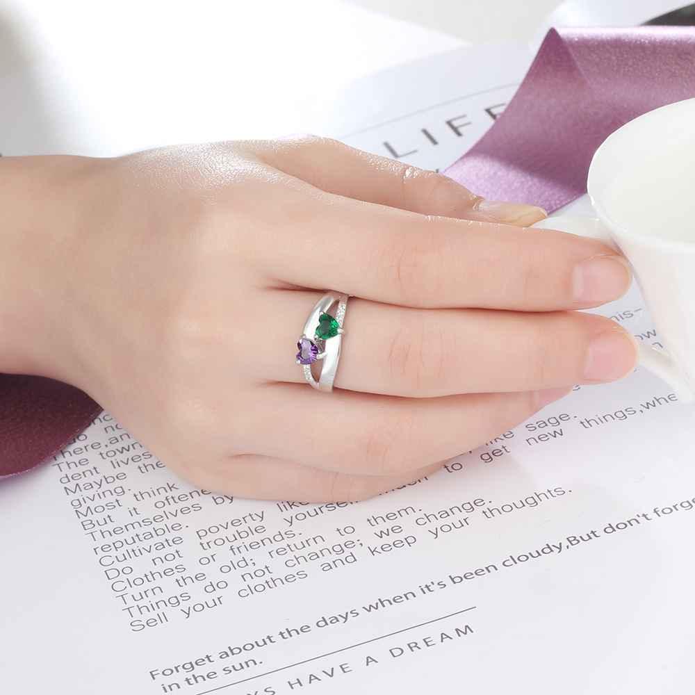 Personalized 925 Sterling Silver Ring - Double Heart Birthstone - Custom Engraved Names - Customized Gift - Ashley Jewels