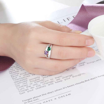 Personalized 925 Sterling Silver Ring - Double Heart Birthstone - Custom Engraved Names - Customized Gift - Ashley Jewels