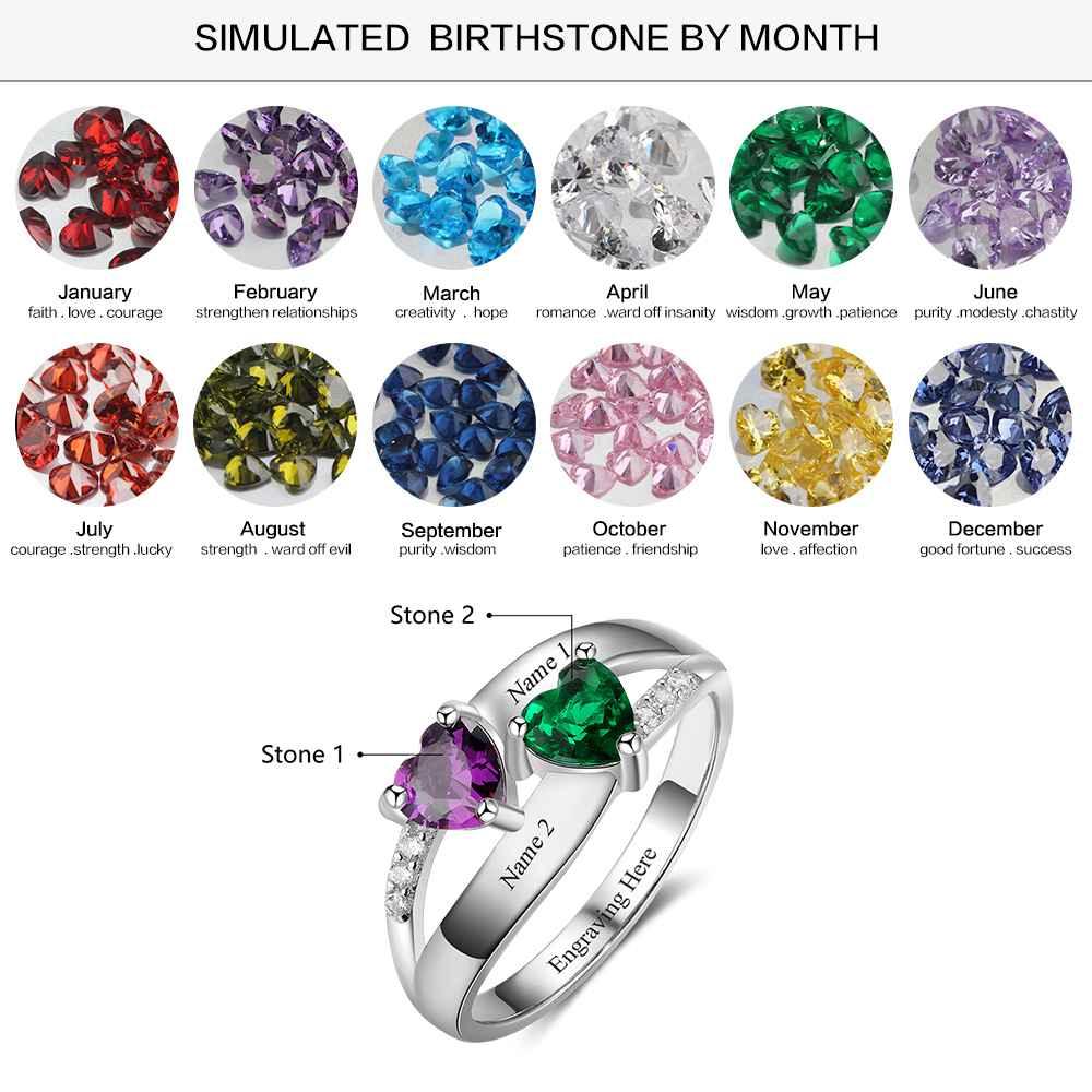 Personalized 925 Sterling Silver Ring - Double Heart Birthstone - Custom Engraved Names - Customized Gift - Ashley Jewels