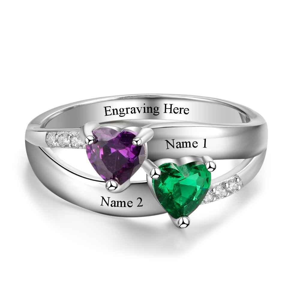 Personalized 925 Sterling Silver Ring - Double Heart Birthstone - Custom Engraved Names - Customized Gift - Ashley Jewels