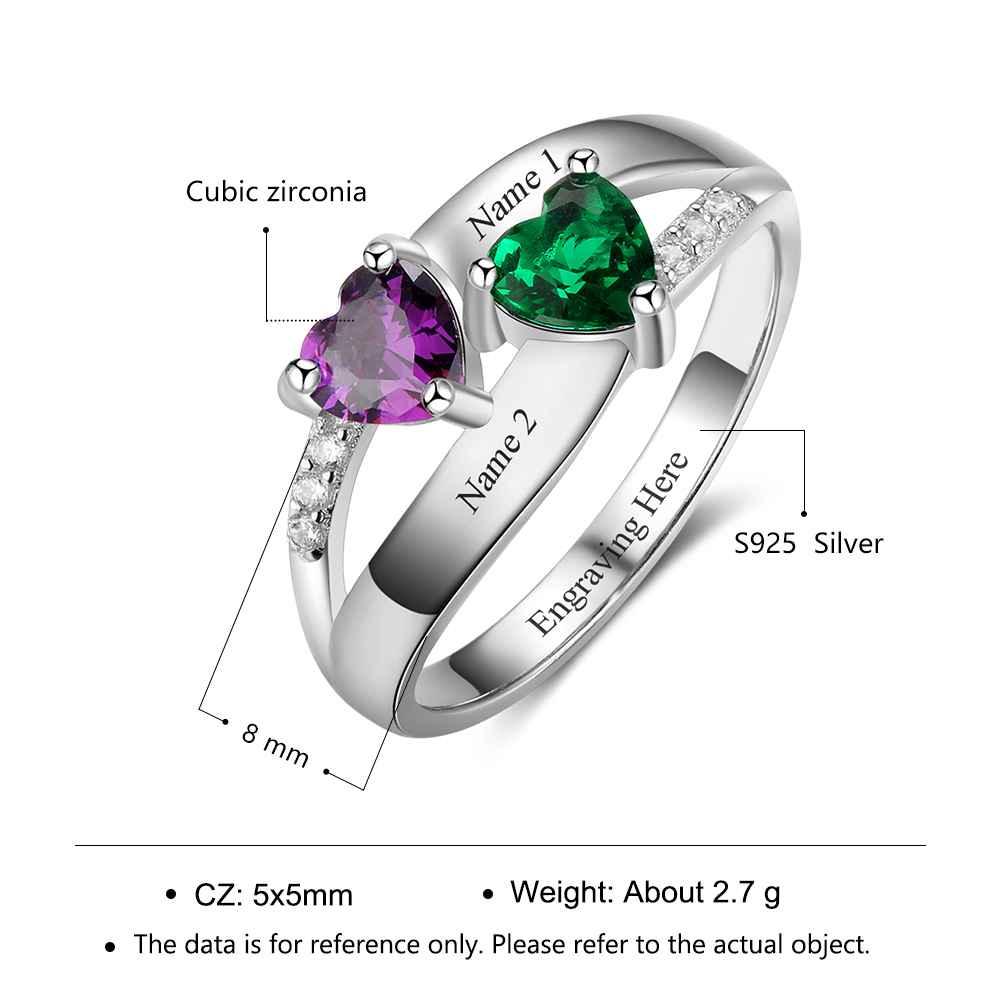 Personalized 925 Sterling Silver Ring - Double Heart Birthstone - Custom Engraved Names - Customized Gift - Ashley Jewels