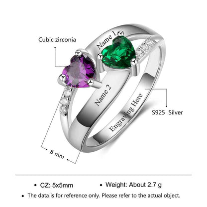 Personalized 925 Sterling Silver Ring - Double Heart Birthstone - Custom Engraved Names - Customized Gift - Ashley Jewels