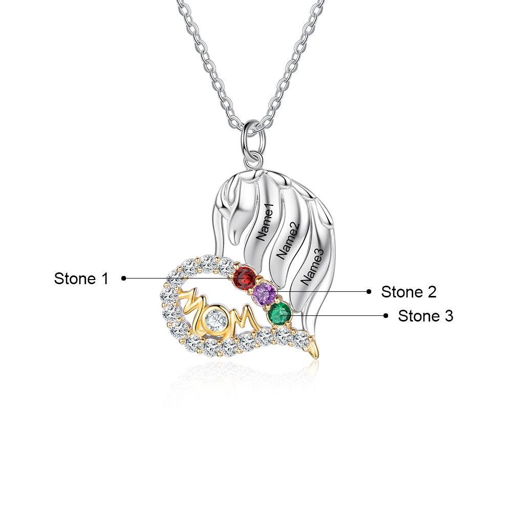 Personalized MOM Heart Silver Pendant Necklace - Three Custom Names & Birthstones - Ashley Jewels